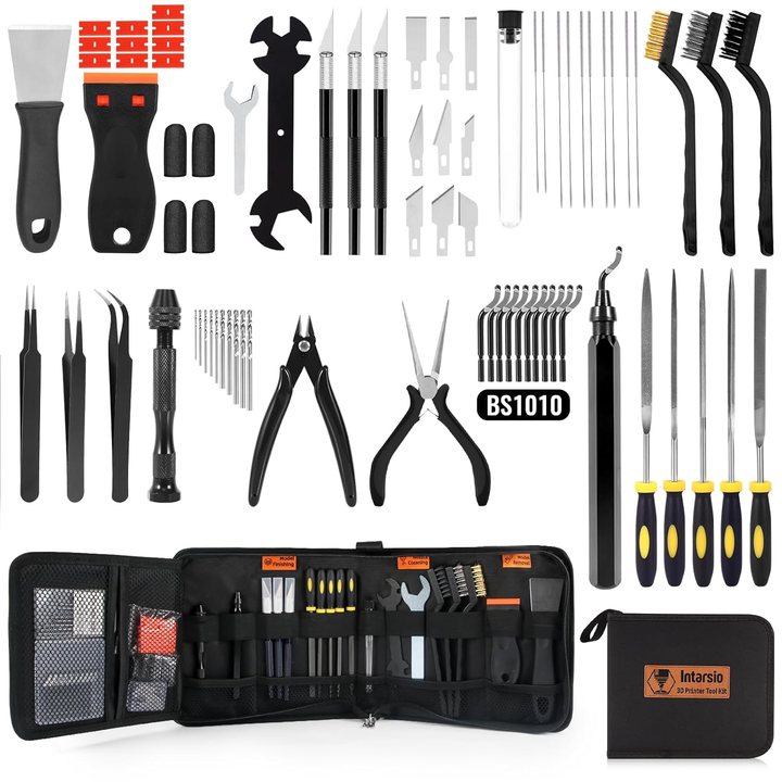 68-piece 3D printer tool kit with scrapers, flush cutters, files, deburring tool and carrying case